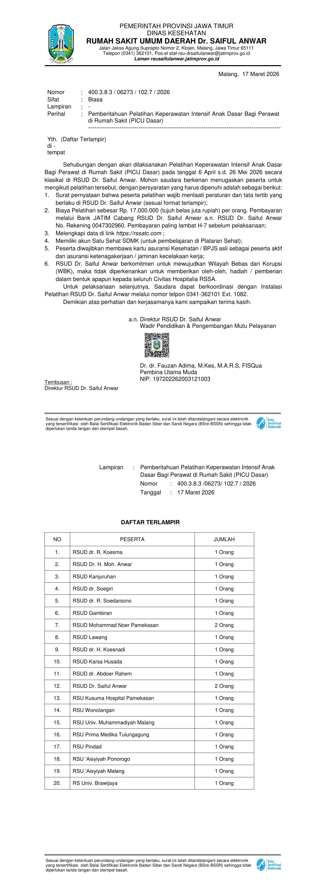 Pengumuman Daftar Peserta Pelatihan Keperawatan Intensif Anak Dasar Bagi Perawat Di Rumah Sakit (Picu Dasar) , Tanggal 6 April s.d. 26 Mei 2026