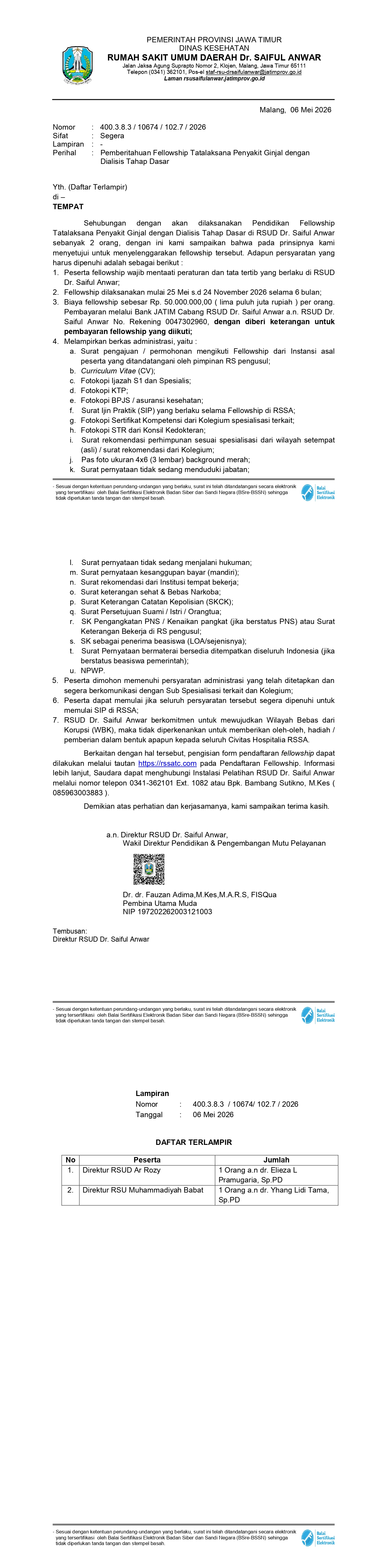 Surat Pemberitahuan Fellowship Tatalaksana Penyakit Ginjal dengan Dialisis Tahap Dasar , Tanggal 25 Mei s.d 24 November 2026 