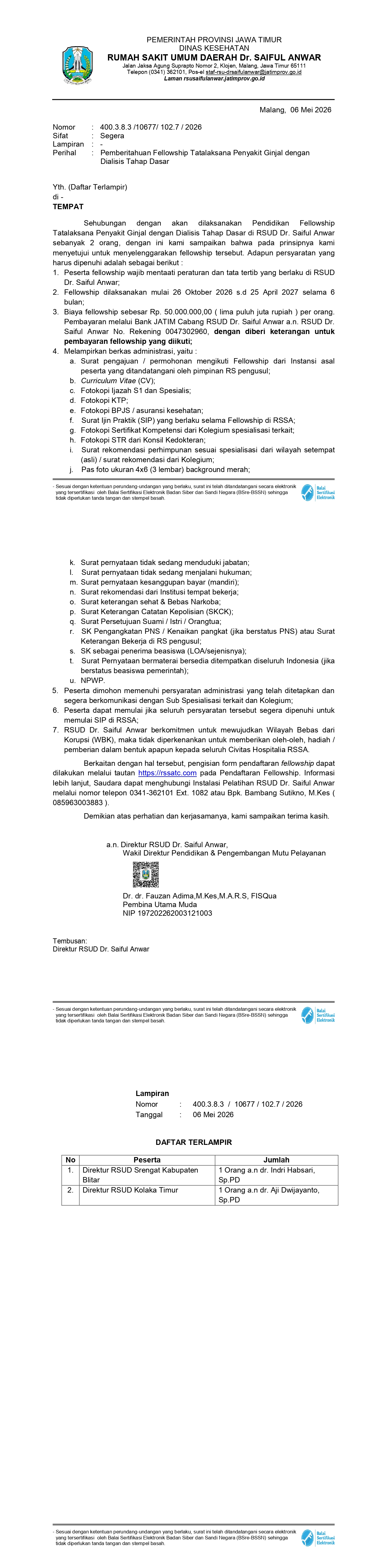 Surat Pemberitahuan Fellowship Tatalaksana Penyakit Ginjal dengan Dialisis Tahap Dasar. tanggal 26 Oktober 2026 s.d 25 April 2027