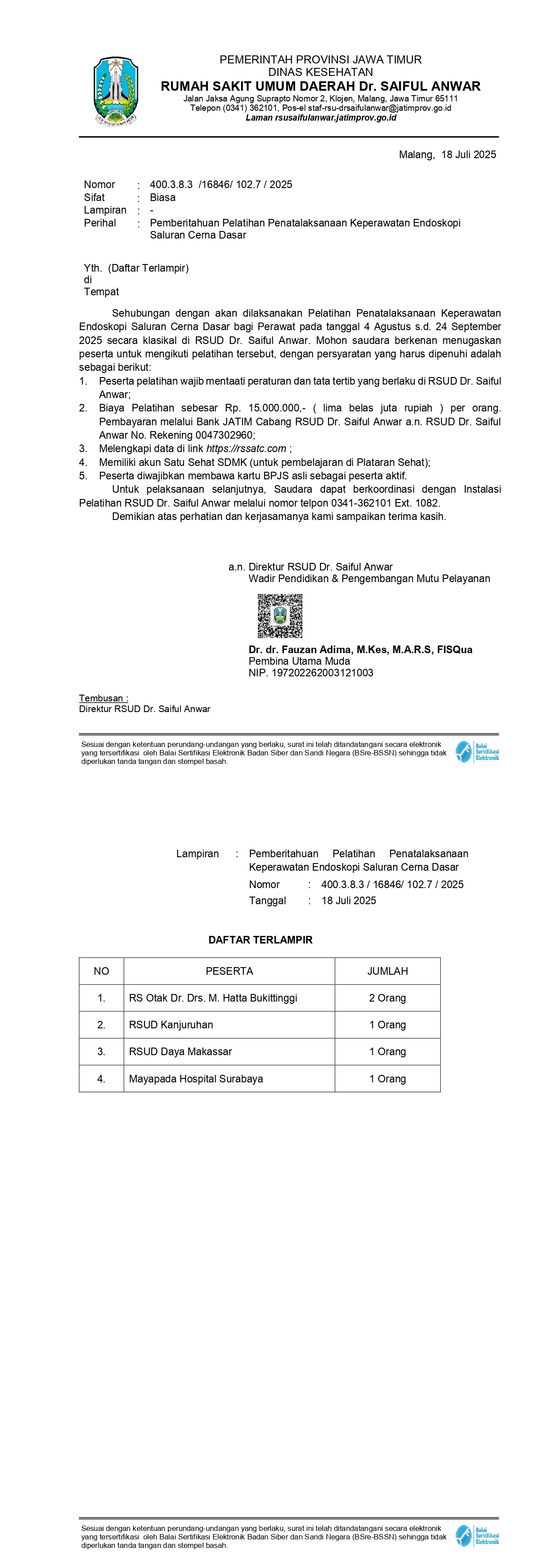 Pengumuman Daftar Peserta Pelatihan Penatalaksanaan Keperawatan Endoskopi Saluran Cerna Dasar bagi Perawat, Tanggal 4 Agustus s.d. 24 September 2025